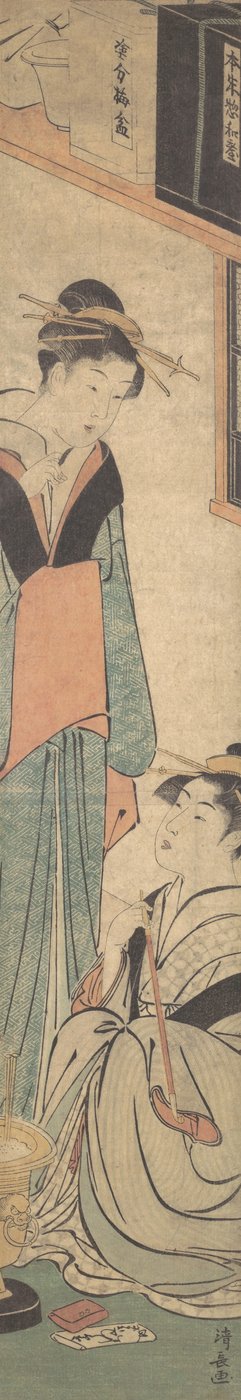 Duas garotas conversando perto do pote de fogo Hibachi, ca. 1785. de Torii Kiyonaga