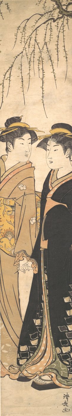 Duas jovens altas andando de mãos dadas, ca. 1785. de Torii Kiyonaga