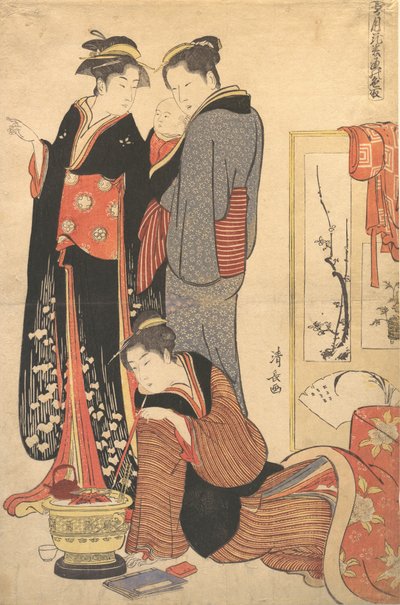 Duas mulheres de pé, segurando uma criança, ca. 1785. de Torii Kiyonaga