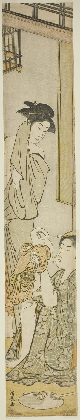 Duas mulheres e uma criança depois de um banho de Torii Kiyonaga