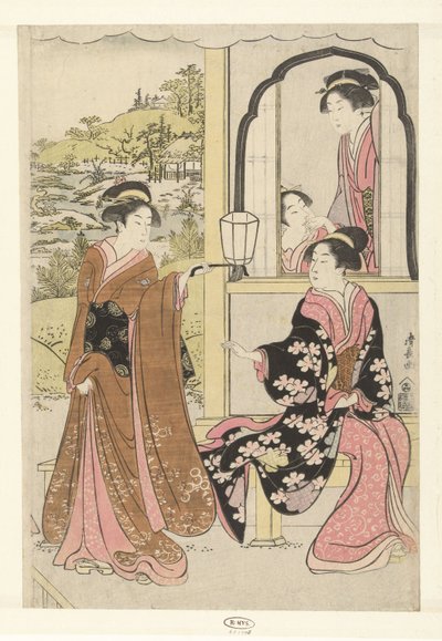 Quatro damas da corte a ouvir a flauta de Yoshitsune de Torii Kiyonaga