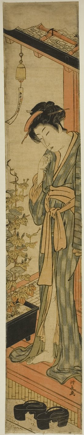 Mulher admirando glórias da manhã enquanto escova os dentes de Torii Kiyonaga