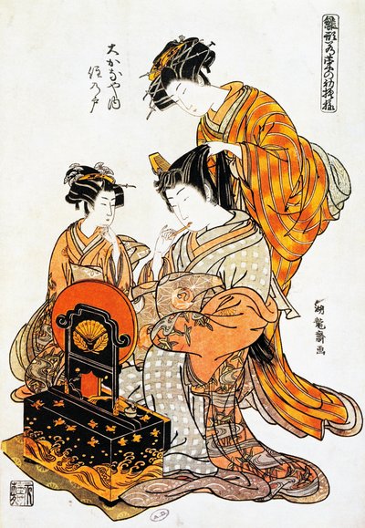 Mulher em frente ao espelho enquanto penteia o cabelo, estampa ukiyo-e da Torii Kiyonaga (1751-1815), xilogravura, civilização japonesa, período Edo de Torii Kiyonaga
