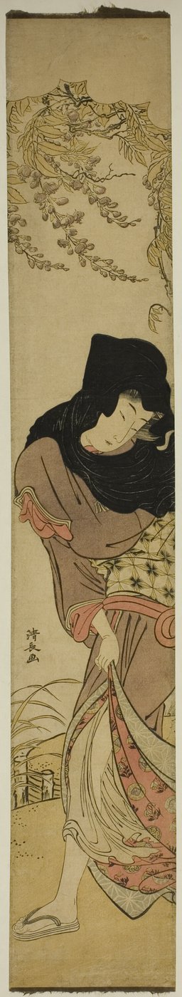 Mulher sob glicínias sopradas pelo vento de Torii Kiyonaga