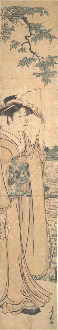 Mulher com ventilador nas margens do rio Sumida. de Torii Kiyonaga