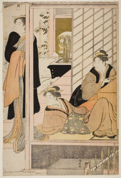 Mulheres vendo um jardim nevado de um salão de Torii Kiyonaga