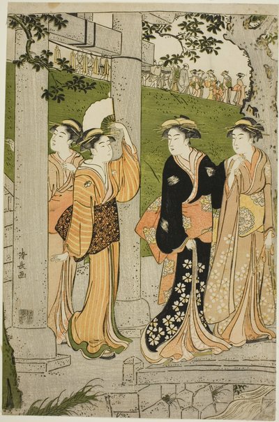 Mulheres que visitam o Santuário de Mimeguri de Torii Kiyonaga