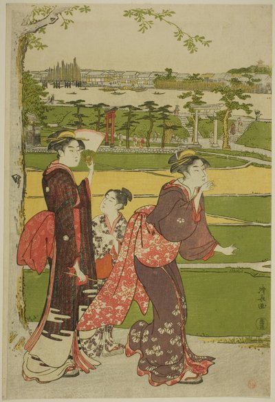 Mulheres que visitam o Santuário de Mimeguri de Torii Kiyonaga
