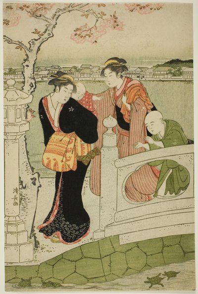 Mulheres e crianças na calçada em Shinobazu Pond de Torii Kiyonaga