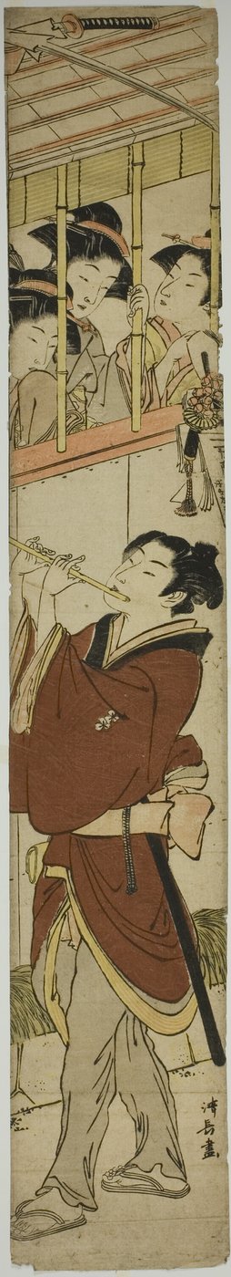 Jovem tocando flauta enquanto três garotas assistem de Torii Kiyonaga