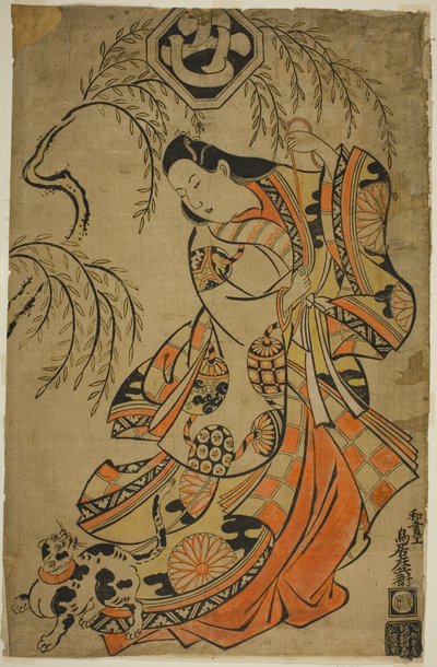 O Ator Uemura Kichisaburo como a Terceira Princesa na peça "Wakoku Gosuiden", apresentada no Teatro Morita no terceiro mês de Torii Kiyonobu II
