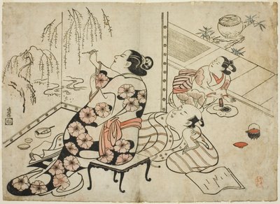 Courtesan Painting a Screen, de uma série de 12 gravuras eróticas de Torii Kiyonobu I