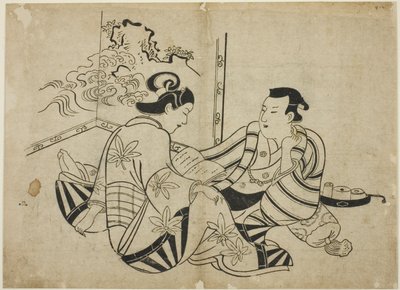 Lendo uma carta na frente de uma tela, de uma série sem título de 12 gravuras de Torii Kiyonobu I