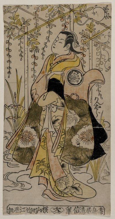 Sanjo Kantaro como uma jovem mulher em pé em um Wisteria Arbor, c. início ou meados da década de 1730. de Torii Kiyonobu I