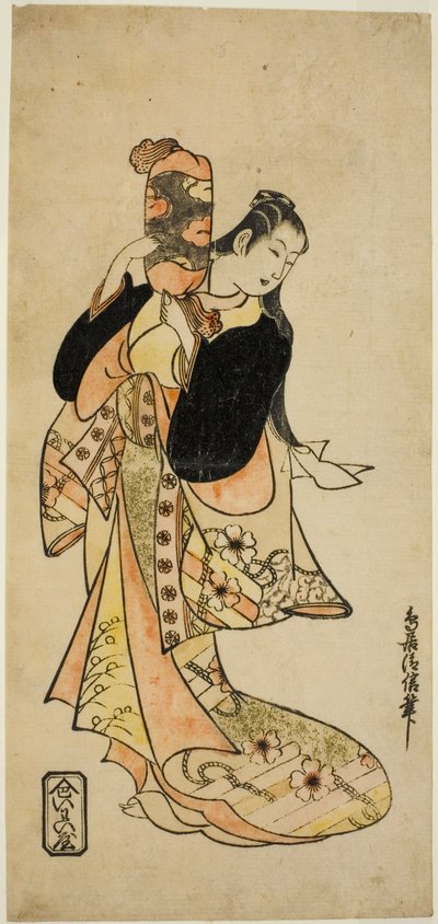 O ator Ichikawa Monnosuke I como Oiso no Tora na peça "Nigiwai Suehiro Soga", apresentada no Teatro Morita no primeiro mês de 1721 (?) de Torii Kiyonobu I