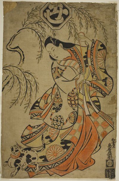 O ator Uemura Kichisaburo como a Terceira Princesa na peça Wakoku Gosuiden, apresentada no Teatro Morita no terceiro mês de 1700 de Torii Kiyonobu I