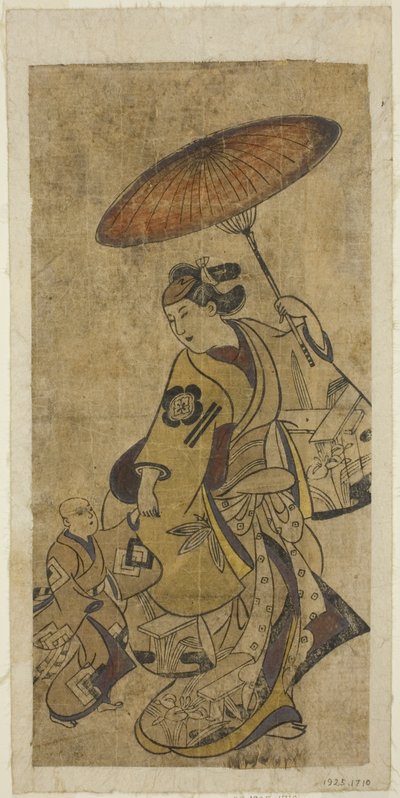 Os atores Matsumoto Hyozo como uma mulher segurando um guarda-chuva e Nakamura Shichisaburo I quando jovem de Torii Kiyonobu I