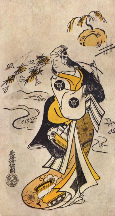 Jovem japonesa de quimono de Torii Kiyonobu I