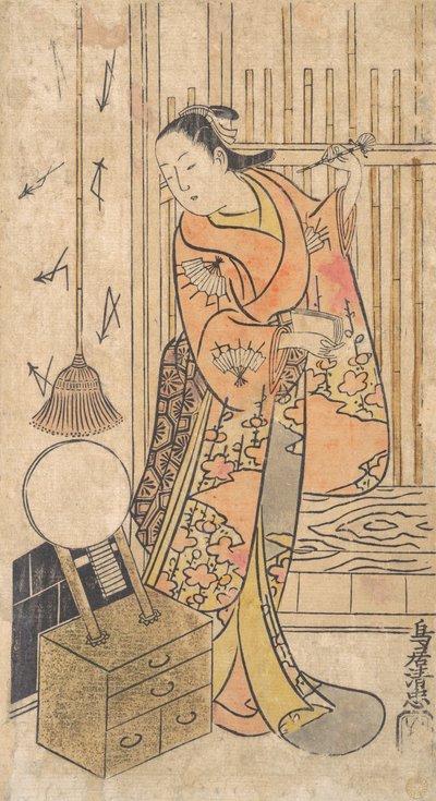 Ator como uma mulher em pé por um suporte de espelho, ca. 1735. de Torii Kiyotada
