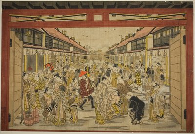 O Portão Principal, Nova Yoshiwara, c.1745 (xilogravura colorida à mão; toku-oban yoko-e, beni-e) de Torii Kiyotada