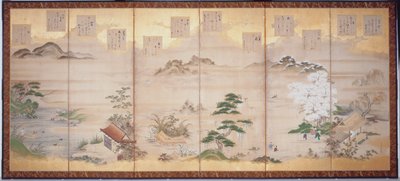 Poemas de Teika para os Doze Meses (tinta, cor e folha de ouro sobre papel, ecrã de seis vezes) de Tosa Mitsunari