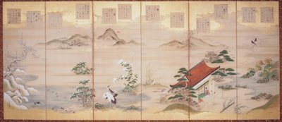 Poemas de Teika para os Doze Meses (tinta, cor e folha de ouro sobre papel, ecrã de seis vezes) de Tosa Mitsunari
