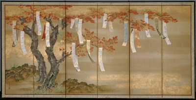 Maples de outono com tiras de poema de Tosa Mitsuoki