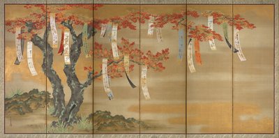 Cereja de florescência e bordos de outono com deslizamentos de poemas, 1654-81 de Tosa Mitsuoki
