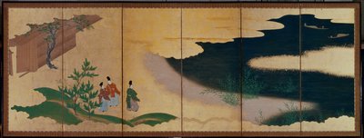 Ecrã sextuplo que retrata contos de Ise de Tosa Mitsuoki