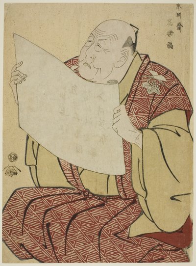 O gerente de teatro Shinozuka Uraemon lendo o programa para o Teatro Miayako de Toshusai Sharaku