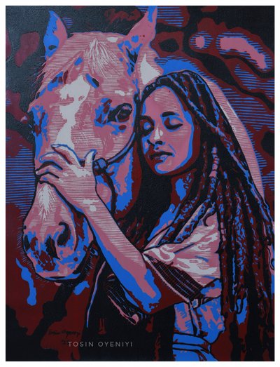 Abraço entre uma mulher e um cavalo de Tosin Oyeniyi