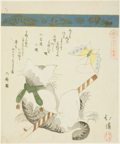 Gato Brincando com uma Borboleta de Brinquedo, da série "Trinta e Seis Imagens de Pássaros (Sanjuroku kinzoku)" de Totoya Hokkei