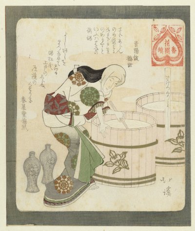 É bom fazer saquê
Saketsukuriyochi (título sobre o objecto)
Uma série para a associação de poetas Hanazono (título da série)
Hanazono bantsuzuki (título da série sobre o objecto) de Totoya Hokkei