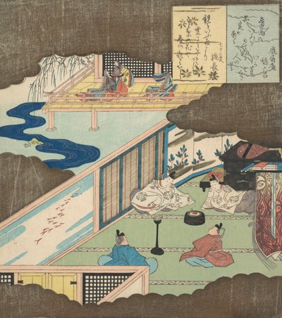 Interior de um palácio com nobres conversando, ca. 1820. de Totoya Hokkei