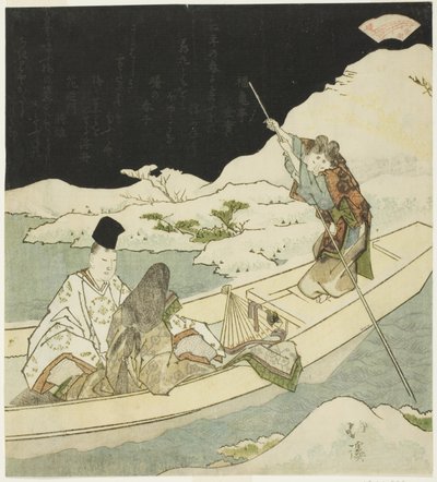 Nobre e dama da corte andando de barco à noite perto de uma costa coberta de neve de Totoya Hokkei
