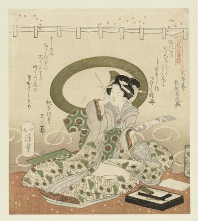 Mulher escreve poema
Díptico sobre a admiração de flores (título da série)
Hanami gobantsuzuki (título da série sobre o objecto) de Totoya Hokkei