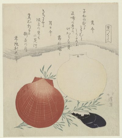 Mexilhão de água doce e concha de vieira japonesa de sol e lua Karasugai tsukihigai (título no objeto) Uma série de conchas (título da série) Kaitsukushi (título da série no objeto) de Totoya Hokkei