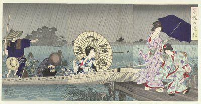 O ferry entre as margens do rio Sumida
Bokutei no watashibune (título sobre o objecto) de Toyohara Chikanobu