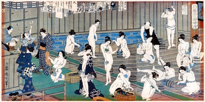 Cena da casa de banho, uma gravura de Toyohara Kunichika, século XIX de Toyohara Kunichika