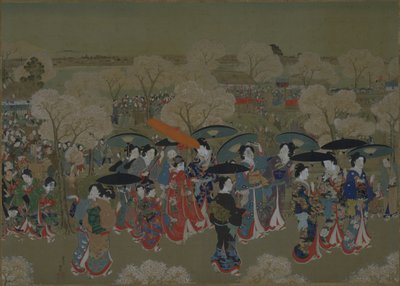 Belezas a observar flores de cerejeira no rio Sumida de Toyohara Kunichika