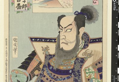 Ichikawa Danjuro IX als Kato Kiyomasa
Kato Kiyomasa (título sobre o objecto)
Honderd rollen van Ichikawa Danjuro IX (título da série)
Ichikawa Danjuro engei hyakuban (título da série sobre o objecto) de Toyohara Kunichika