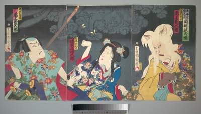 Onoe Kikugorō V como Otowake Neko no ke (à direita), Bandō Mitsugorō IV como Aishō Michinoku (ao centro), Onoe Kikugorō V como Isogai Mibunosuke (à esquerda) na peça de kabuki Tōkai Kidan Nekomata Yashiki de Toyohara Kunichika