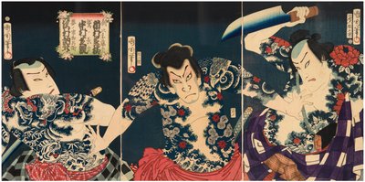 Os actores de kabuki (da direita para a esquerda) Ichimura Kakitsu IV como Asahina Tobei, Nakamura Shikan IV como Washi no Chokichi e Sawamura Tosshi II como Yume no Ichirobei, IV/1868 de Toyohara Kunichika