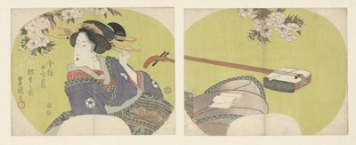 Cortesã e shamisen Os Doze Meses Modernos (título da série) Imayo junikagetsu (título da série no objeto) de Toyokuni (II) , Utagawa