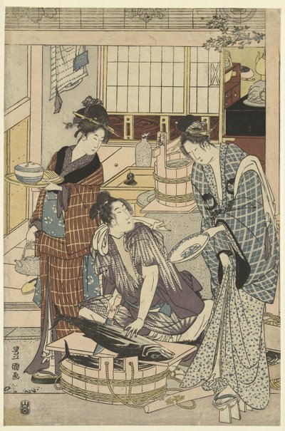 peixeiro O quarto mês, um tríptico Yongatsu, sanbukutsui (título no objeto) Os Doze Meses por Toyohiro e Toyokuni (título da série) Toyohiro Toyokuni ryoga juniko (título da série no objeto) de Toyokuni (II) , Utagawa