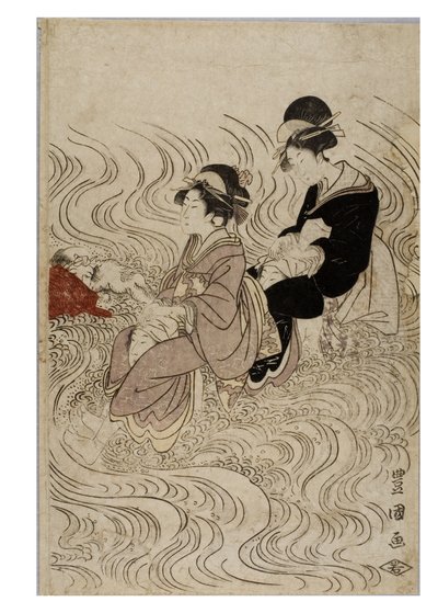Festa de cortesãs vadeando um rio agitado pelas ondas de Toyokuni Utagawa