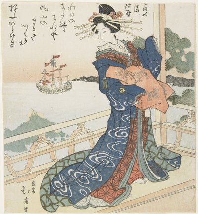 Cortesão olhando para um navio estrangeiro, 1818-1844 de Toyota Hokkei