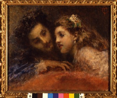 Attrazione (Atração), um homem inclina-se para uma criança de uma forma cúmplice e tranquilizadora. Ele é provavelmente um pai e sua filha (boca a boca). Pintura de Tranquillo Cremona (1837-1878) Galleria d