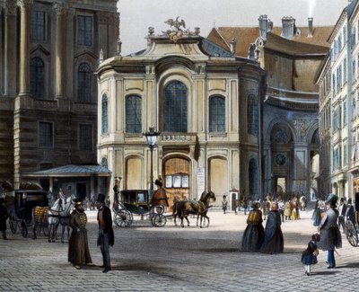 Burgtheater em Viena Michaelerplatz com Winterreitschule (escola de equitação de Inverno) à direita, por Tranquillo Mollo (1767-1837), gravura colorida, Áustria de Tranquillo Mollo