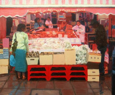 Comida africana e das Caraíbas, 2010 (óleo sobre cartão) de Trevor Burgess